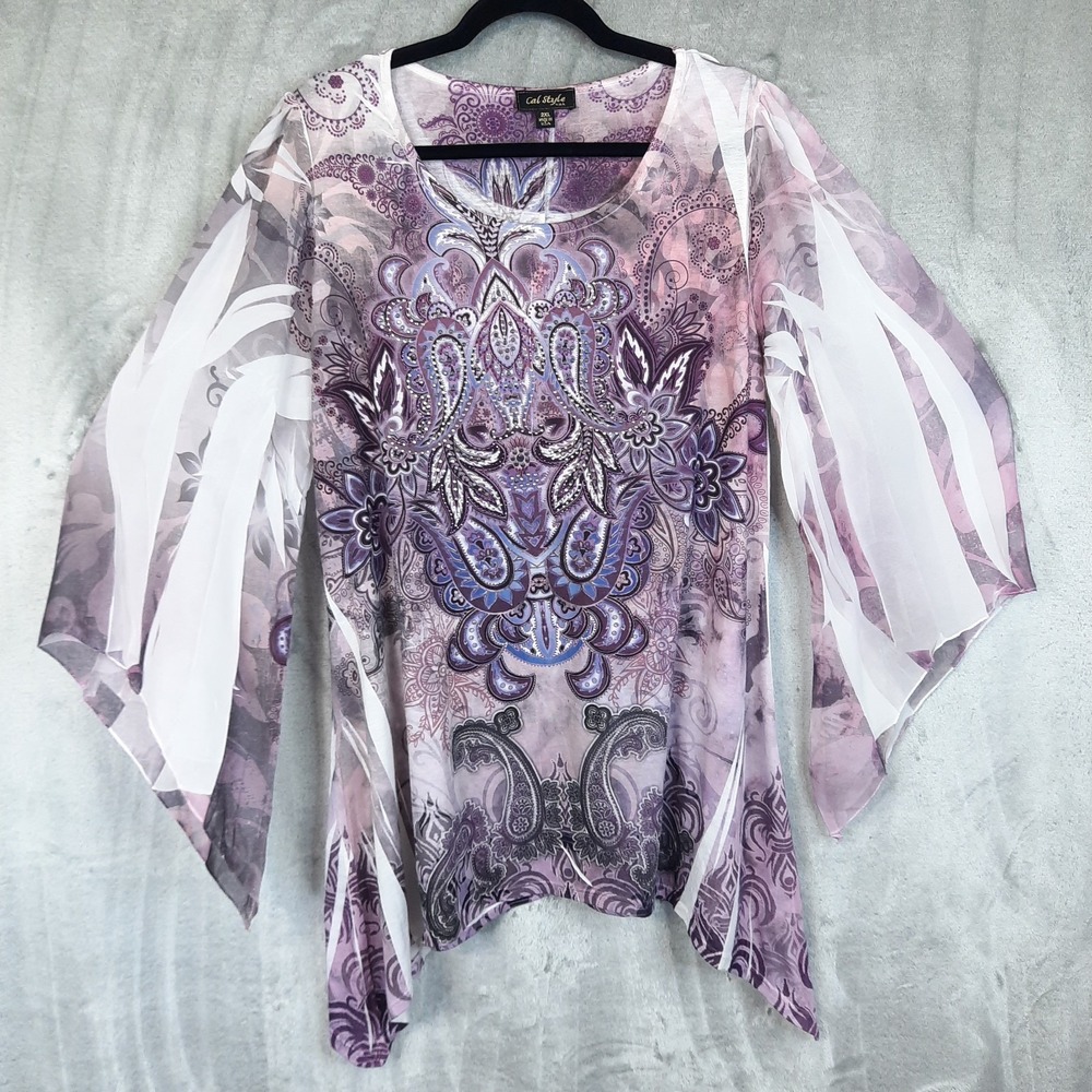 Vintage Fairy Grunge Paisley Top Womens Large Assymetrical‎ Rhinestones Y2K Boho
